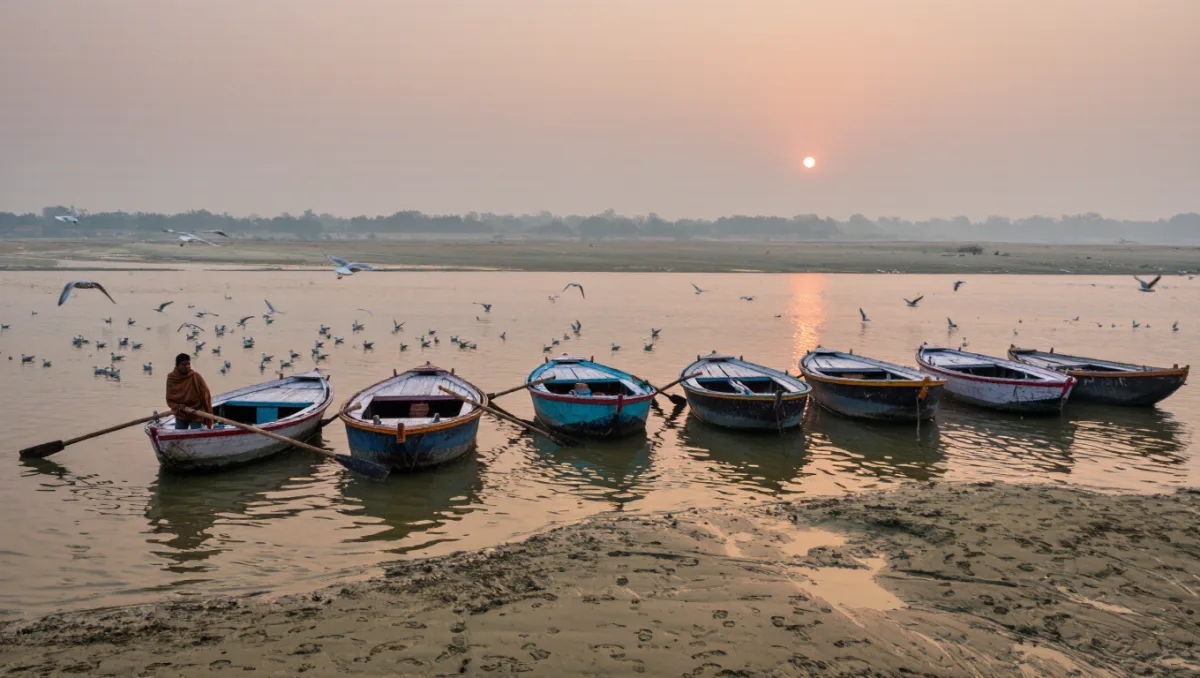 Painted wooden rowing boats tied up on the sand at the Triveni Sangam, Prayagraj, at a misty dawn
